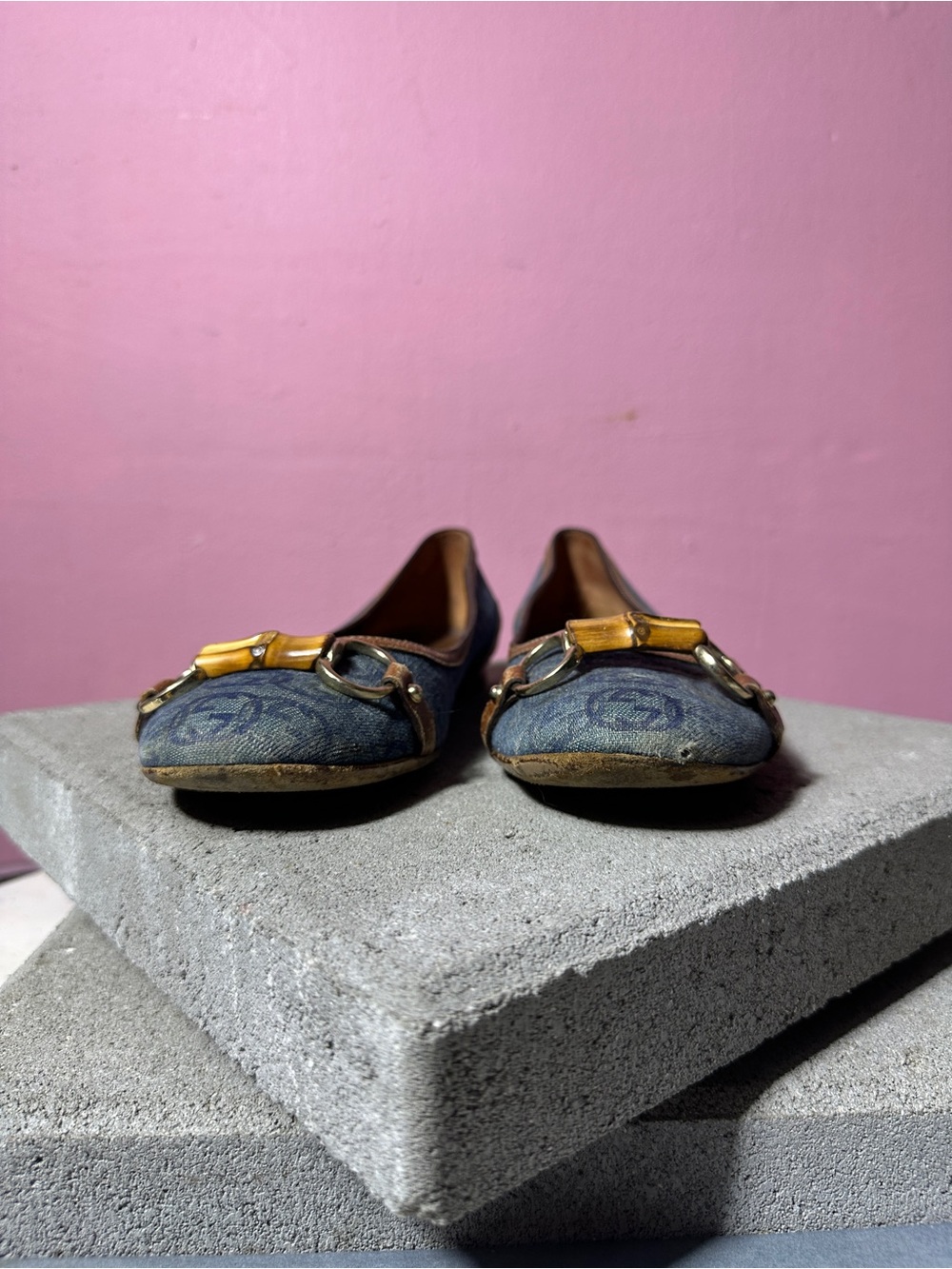 Vintage Gucci GG Denim Monogram Bamboo Horsebit Ballet Flats - Picture 5 of 7